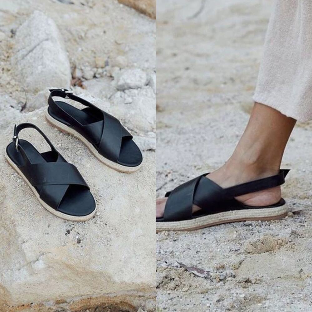 ST. AGNI NWT Basque Cross Strap Leather Espadrille Sandals in Black Size 11